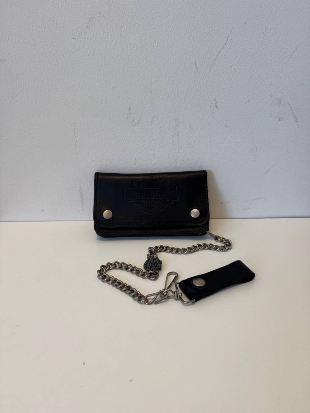 Harley-Davidson Black Leather Chain Wallet Biker Trifold Logo Embossed - Picture 3 of 16